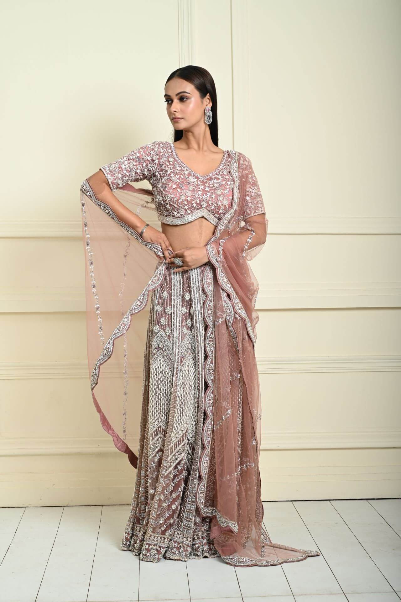 Dusty Pink Bridal Lehenga Set in Net with All Over Embroidery and Dupatta