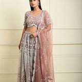 Dusty Pink Bridal Lehenga Set in Net with All Over Embroidery and Dupatta