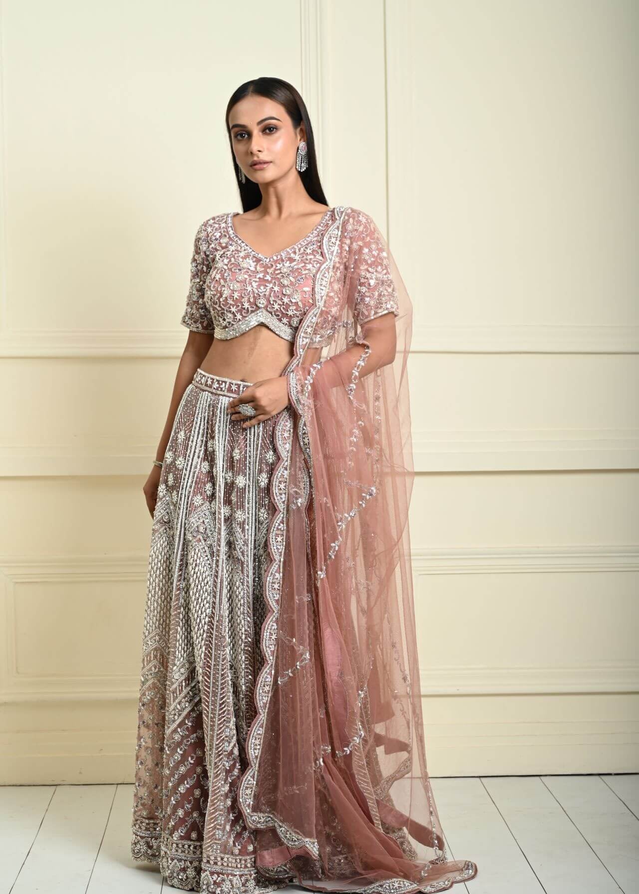 Dusty Pink Bridal Lehenga Set in Net with All Over Embroidery and Dupatta