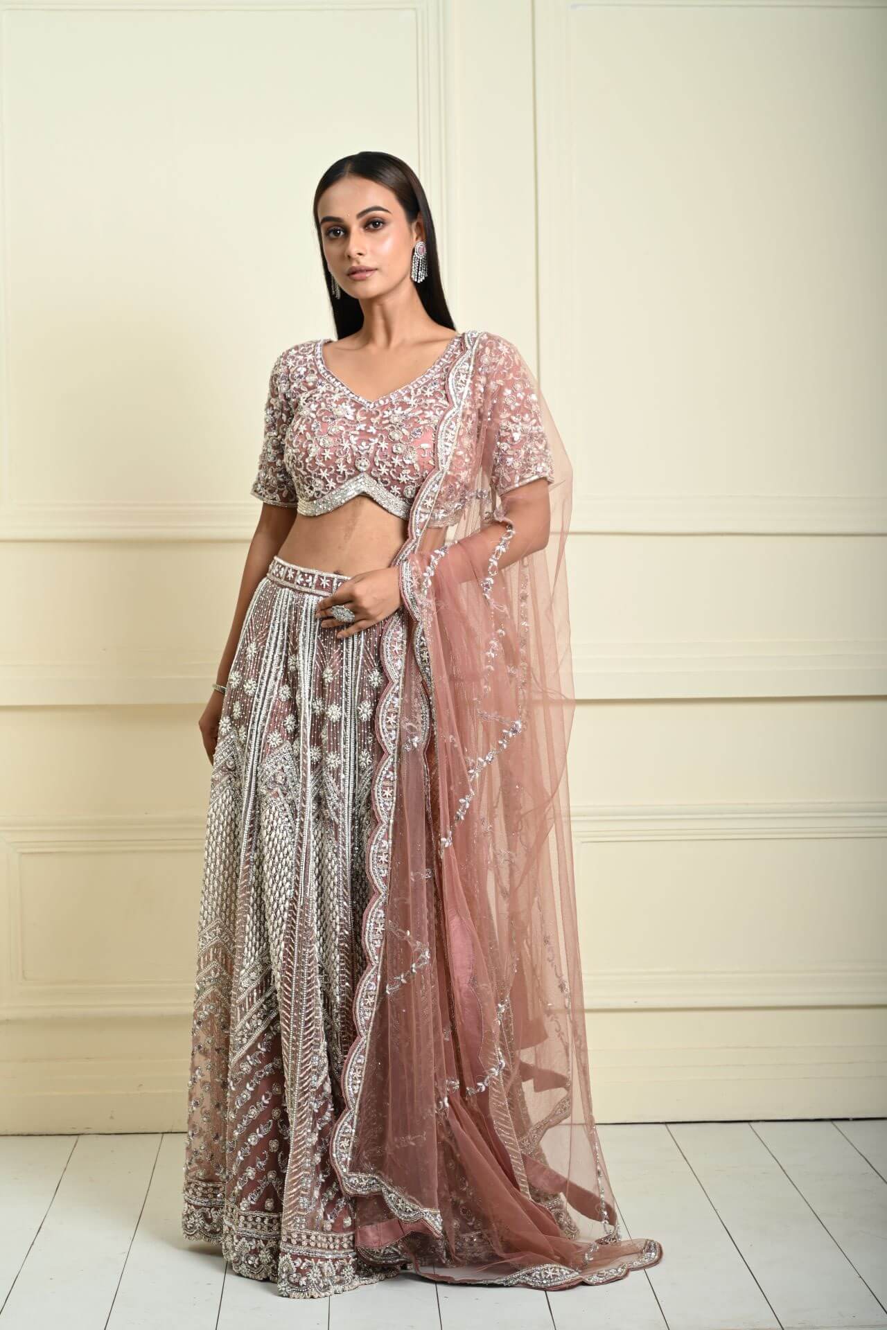 Dusty Pink Bridal Lehenga Set in Net with All Over Embroidery and Dupatta