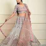 Dusty Pink Bridal Lehenga Set in Net with All Over Embroidery and Dupatta