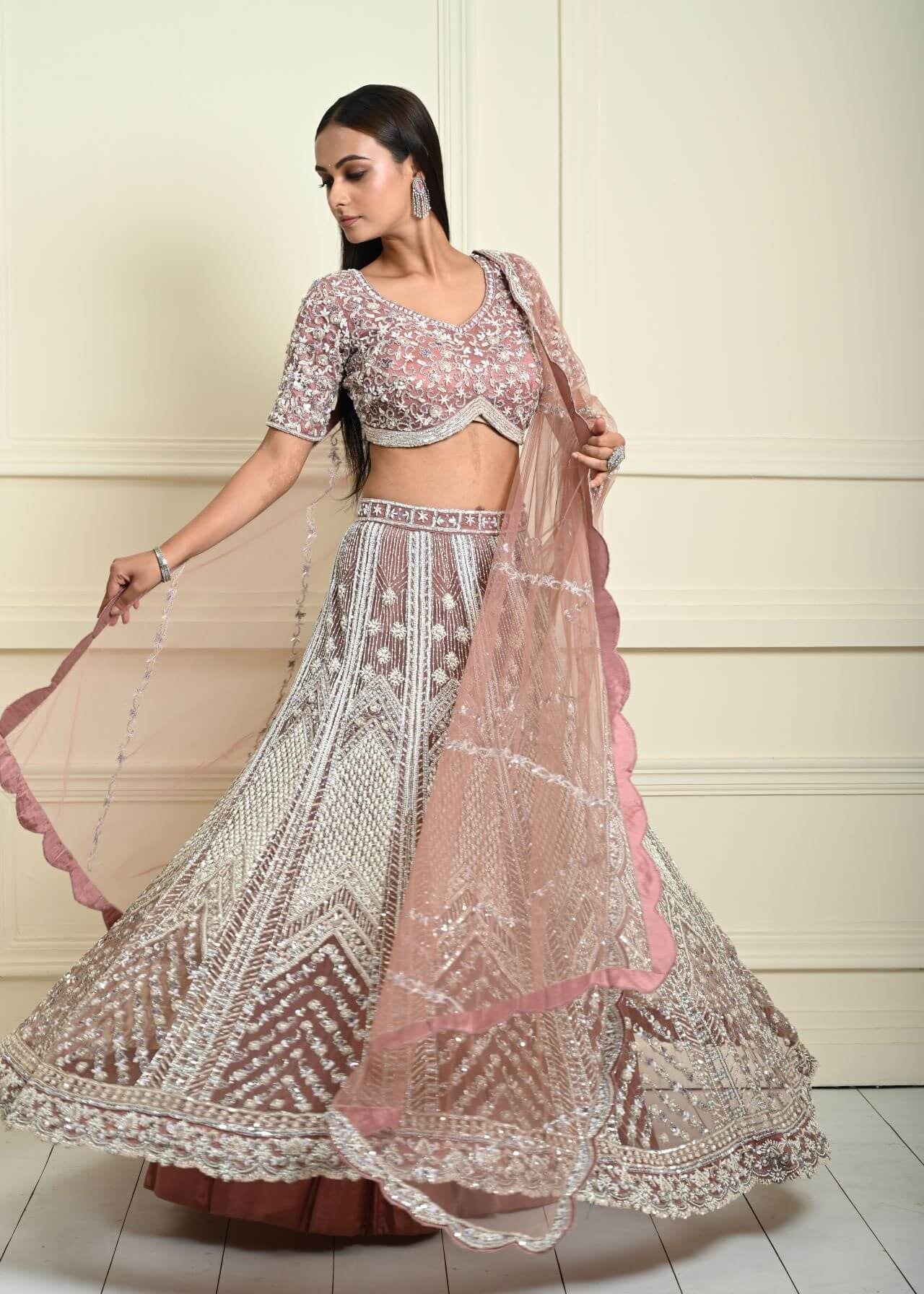 Dusty Pink Bridal Lehenga Set in Net with All Over Embroidery and Dupatta