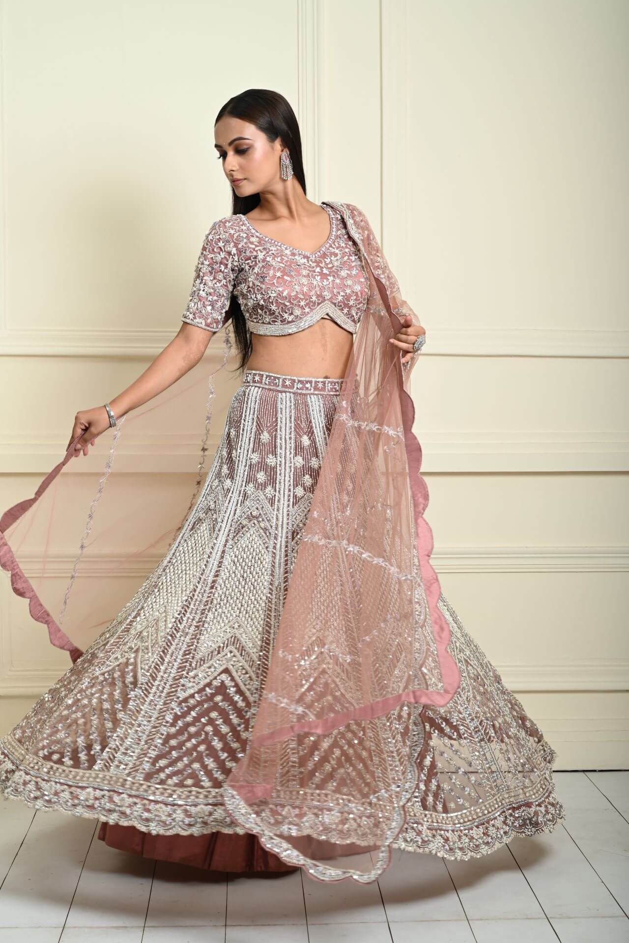 Dusty Pink Bridal Lehenga Set in Net with All Over Embroidery and Dupatta