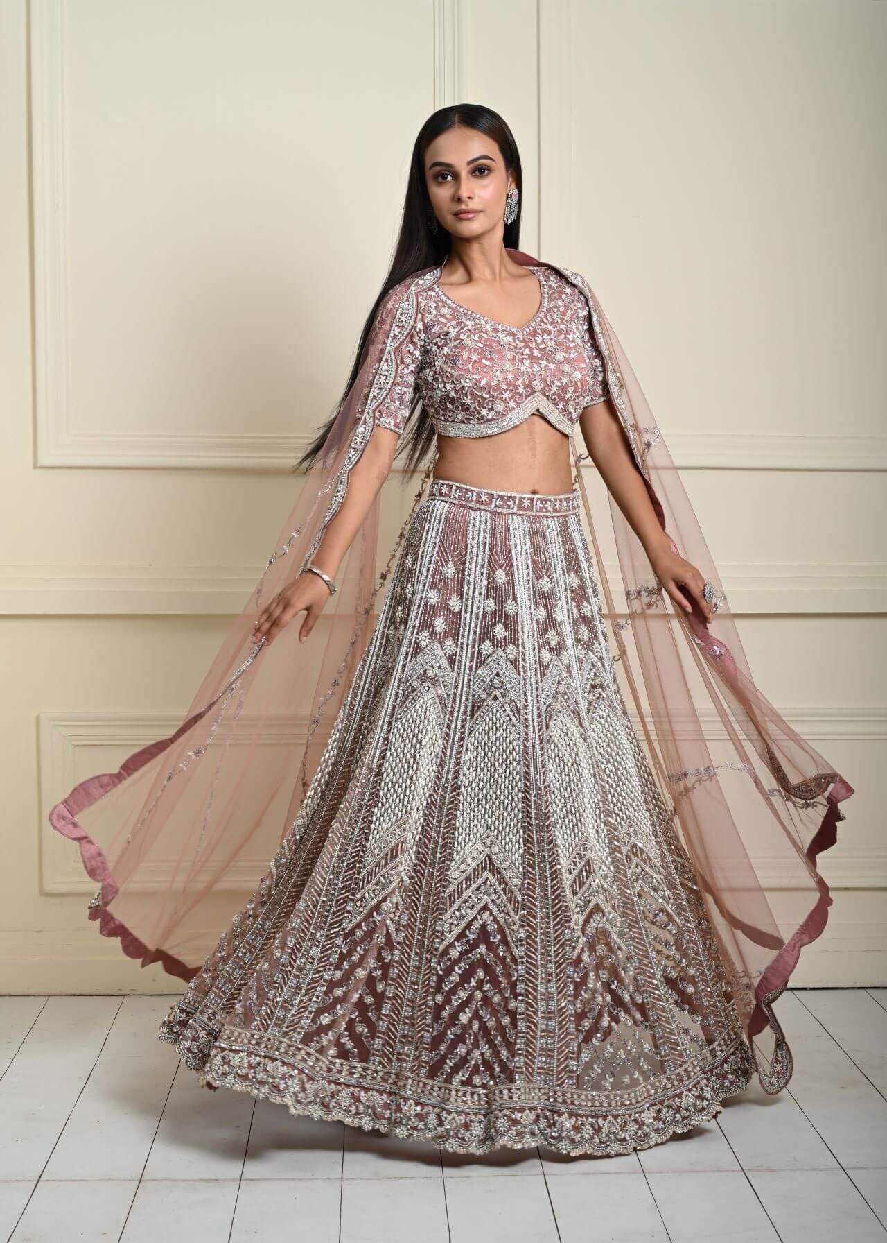 Dusty Pink Bridal Lehenga Set in Net with All Over Embroidery and Dupatta