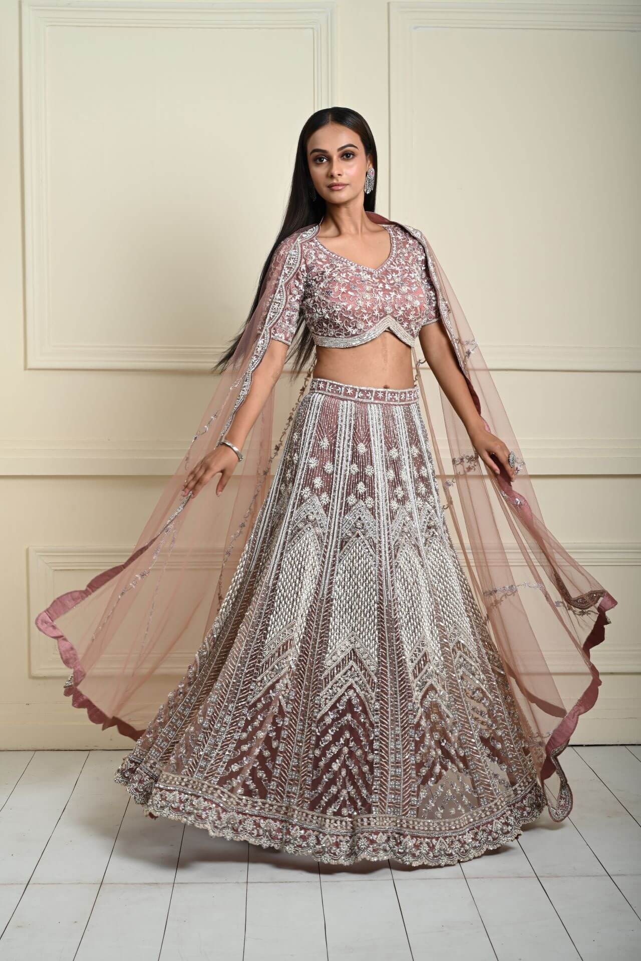 Dusty Pink Bridal Lehenga Set in Net with All Over Embroidery and Dupatta