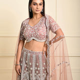 Dusty Pink Bridal Lehenga Set in Net with All Over Embroidery and Dupatta