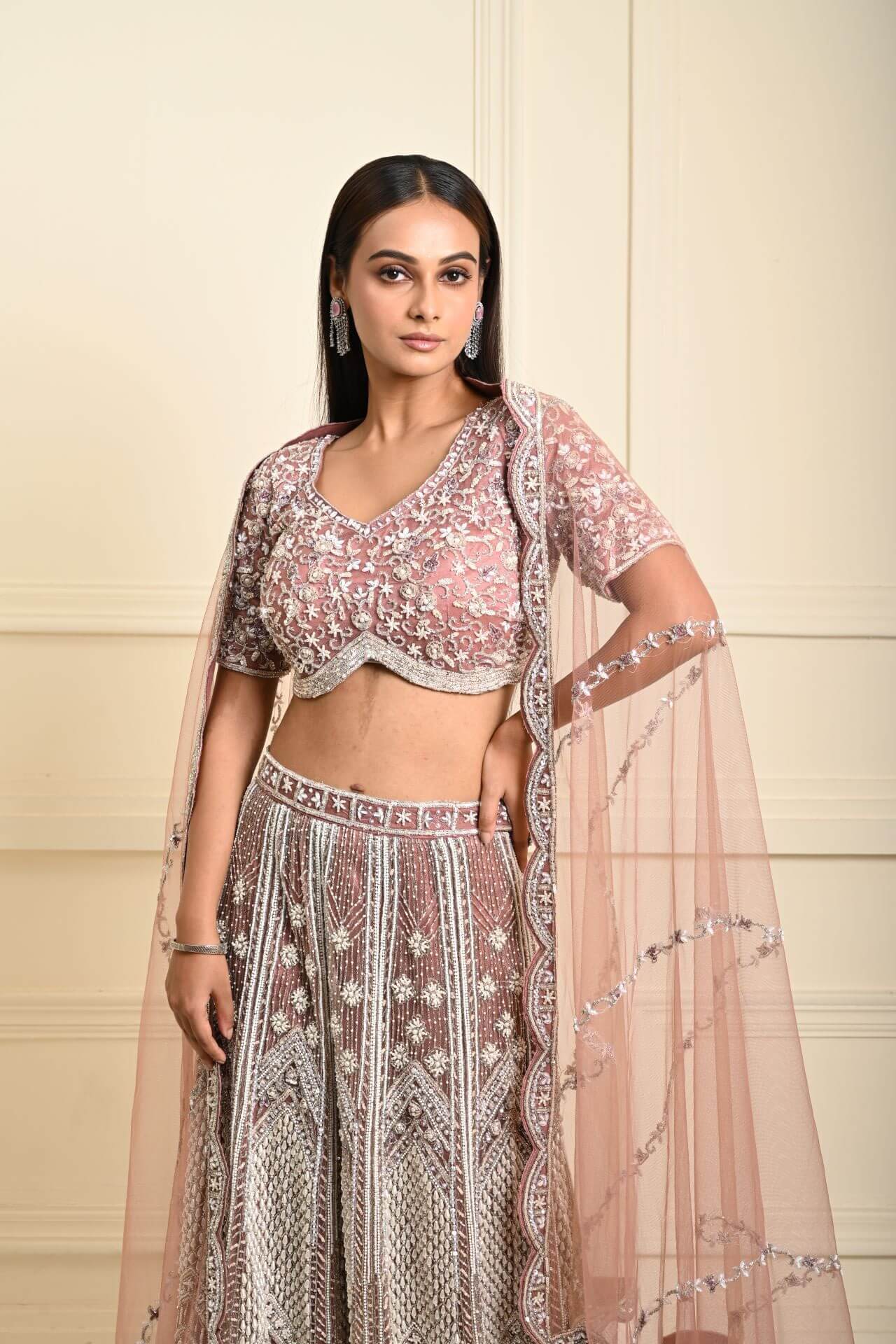 Dusty Pink Bridal Lehenga Set in Net with All Over Embroidery and Dupatta