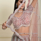 Dusty Pink Bridal Lehenga Set in Net with All Over Embroidery and Dupatta