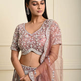 Dusty Pink Bridal Lehenga Set in Net with All Over Embroidery and Dupatta