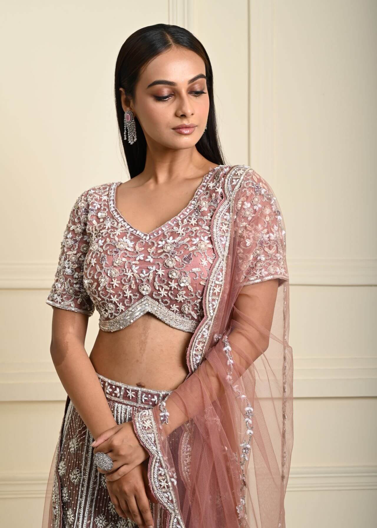 Dusty Pink Bridal Lehenga Set in Net with All Over Embroidery and Dupatta