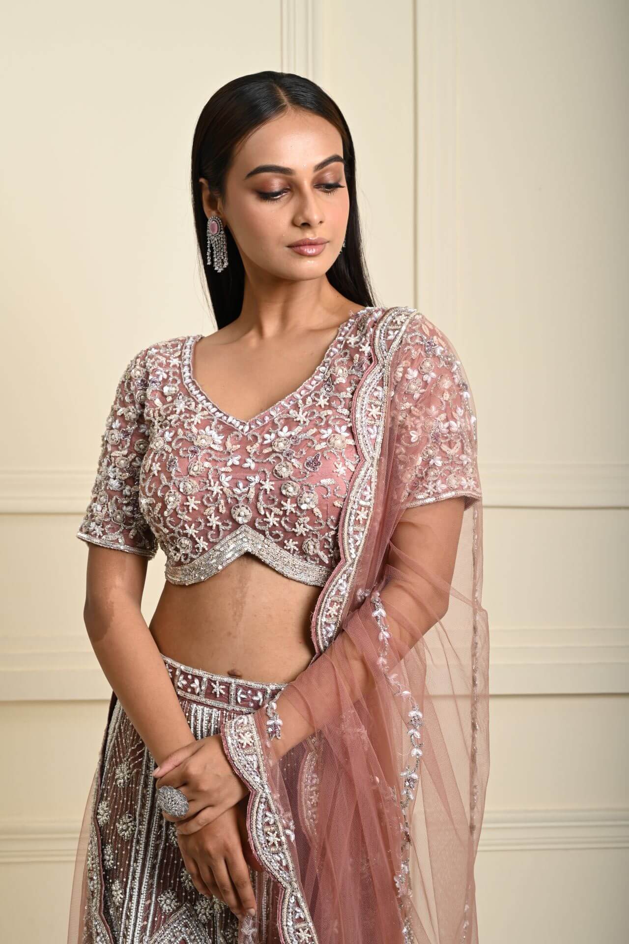 Dusty Pink Bridal Lehenga Set in Net with All Over Embroidery and Dupatta