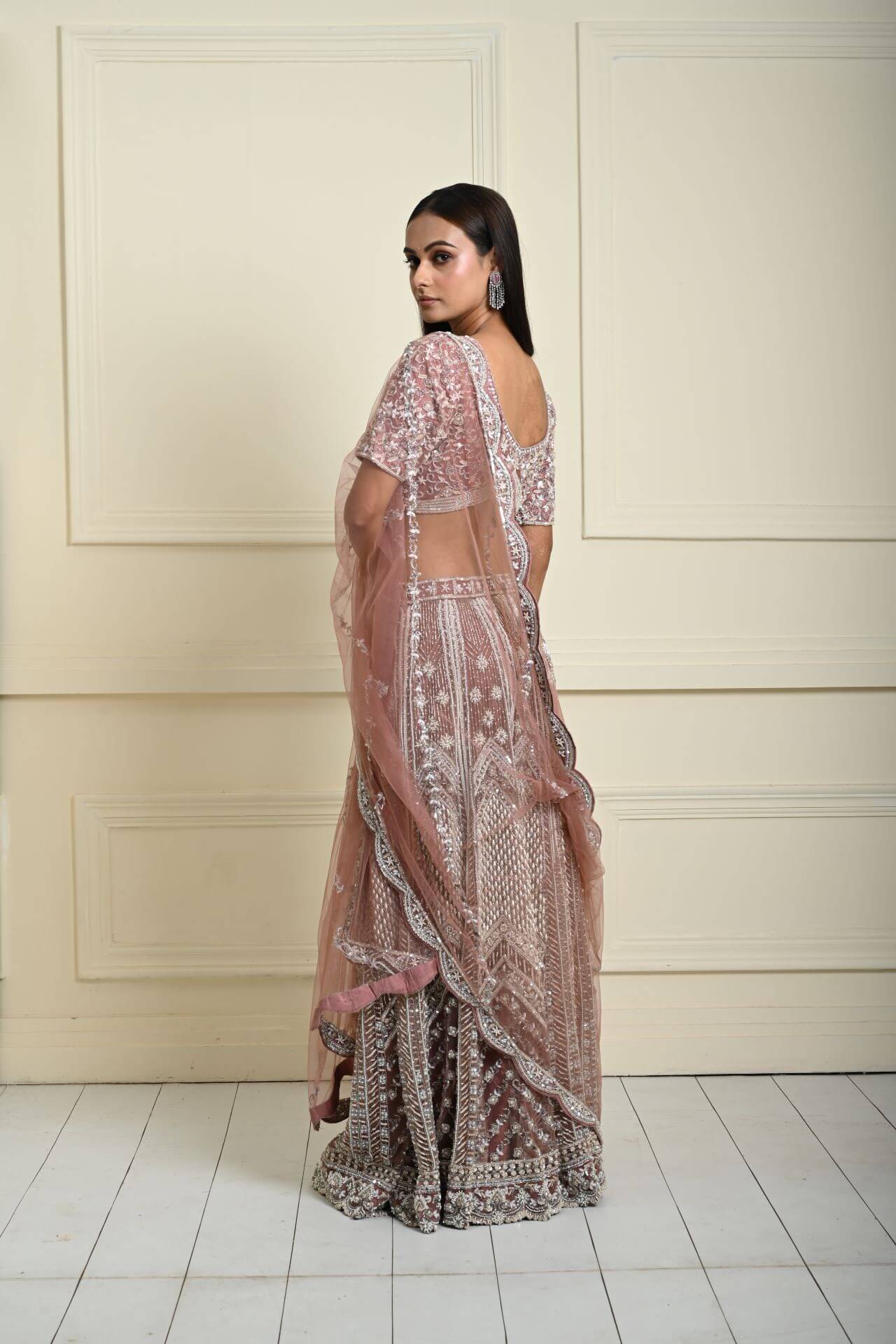 Dusty Pink Bridal Lehenga Set in Net with All Over Embroidery and Dupatta