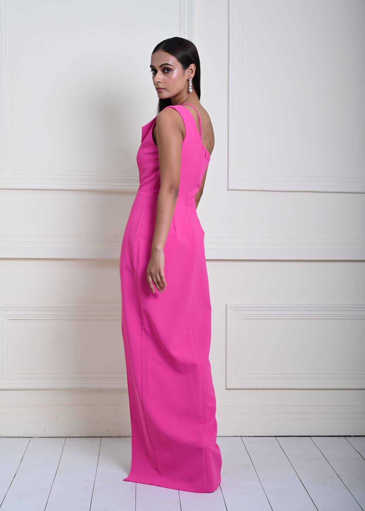 Fuchsia (Fusia) Pink One Shoulder Maxi Dress with Front Slit 