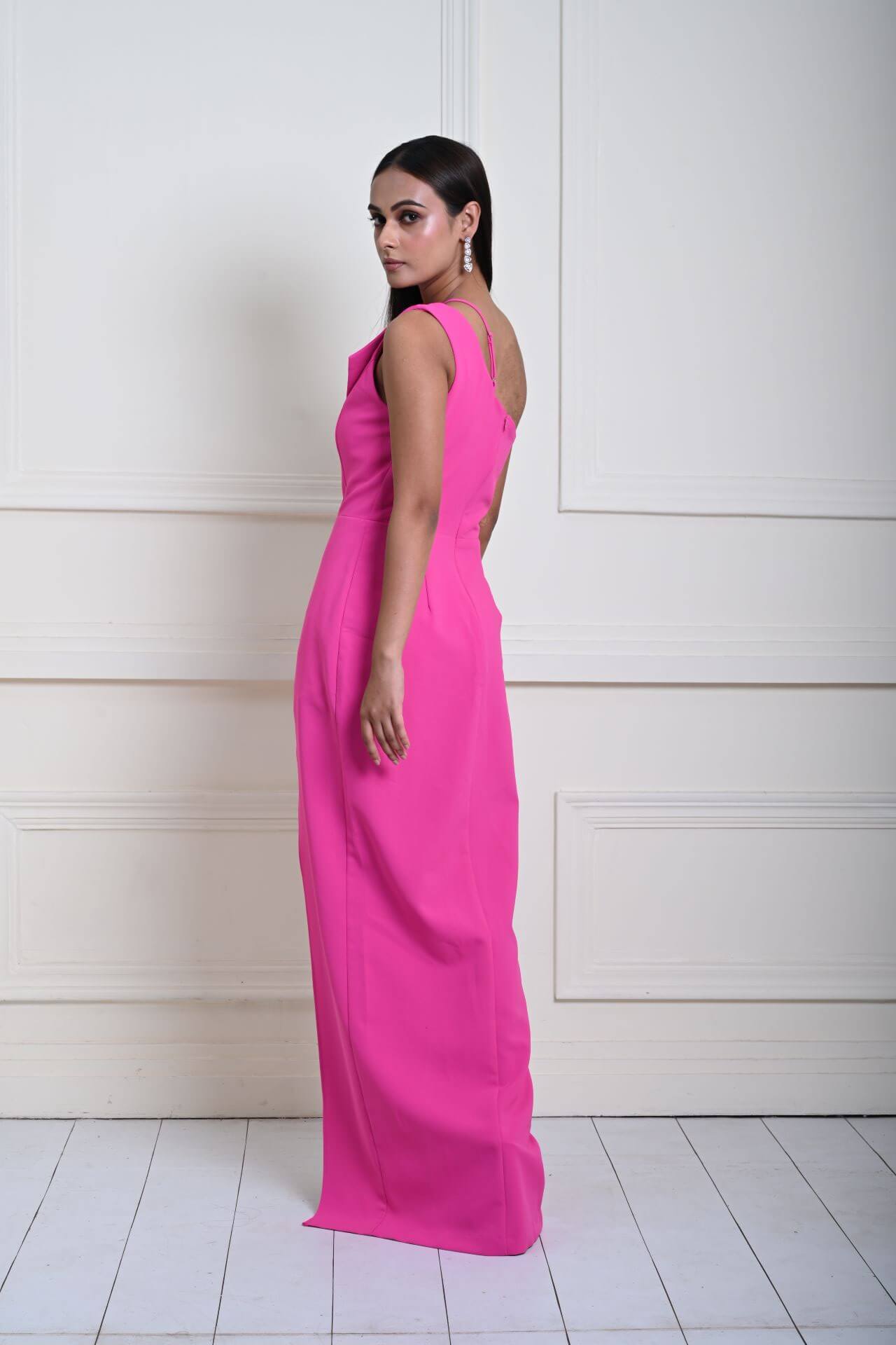 Fuchsia (Fusia) Pink One Shoulder Maxi Dress with Front Slit 