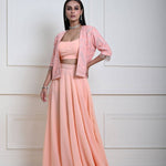 Peach Mirror Embroidered Jacket Lehenga Set