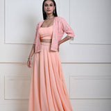 Peach Mirror Embroidered Jacket Lehenga Set