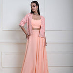 Peach Mirror Embroidered Jacket Lehenga Set