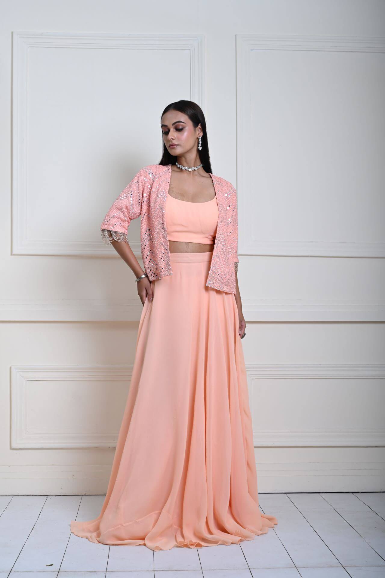 Peach Mirror Embroidered Jacket Lehenga Set