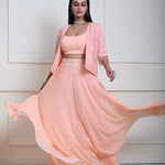 Peach Mirror Embroidered Jacket Lehenga Set