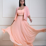 Peach Mirror Embroidered Jacket Lehenga Set