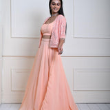 Peach Mirror Embroidered Jacket Lehenga Set