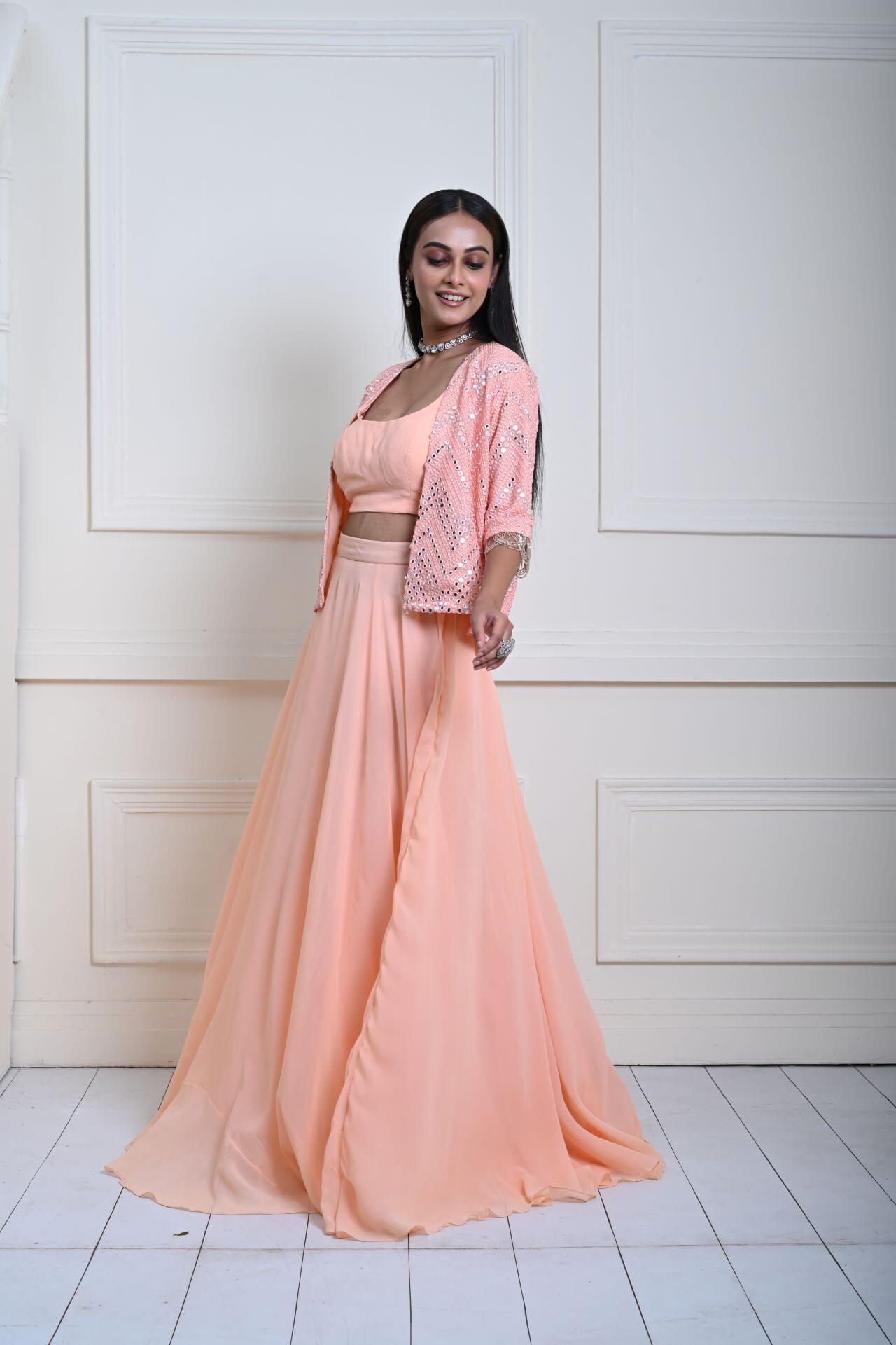 Peach Mirror Embroidered Jacket Lehenga Set