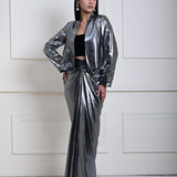 Silver Metallic Drape Skirt Set with Jacket and Velvet Crop Top