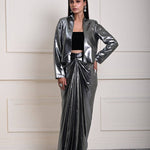 Silver Metallic Drape Skirt Set with Jacket and Velvet Crop Top