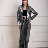 Silver Metallic Drape Skirt Set with Jacket and Velvet Crop Top