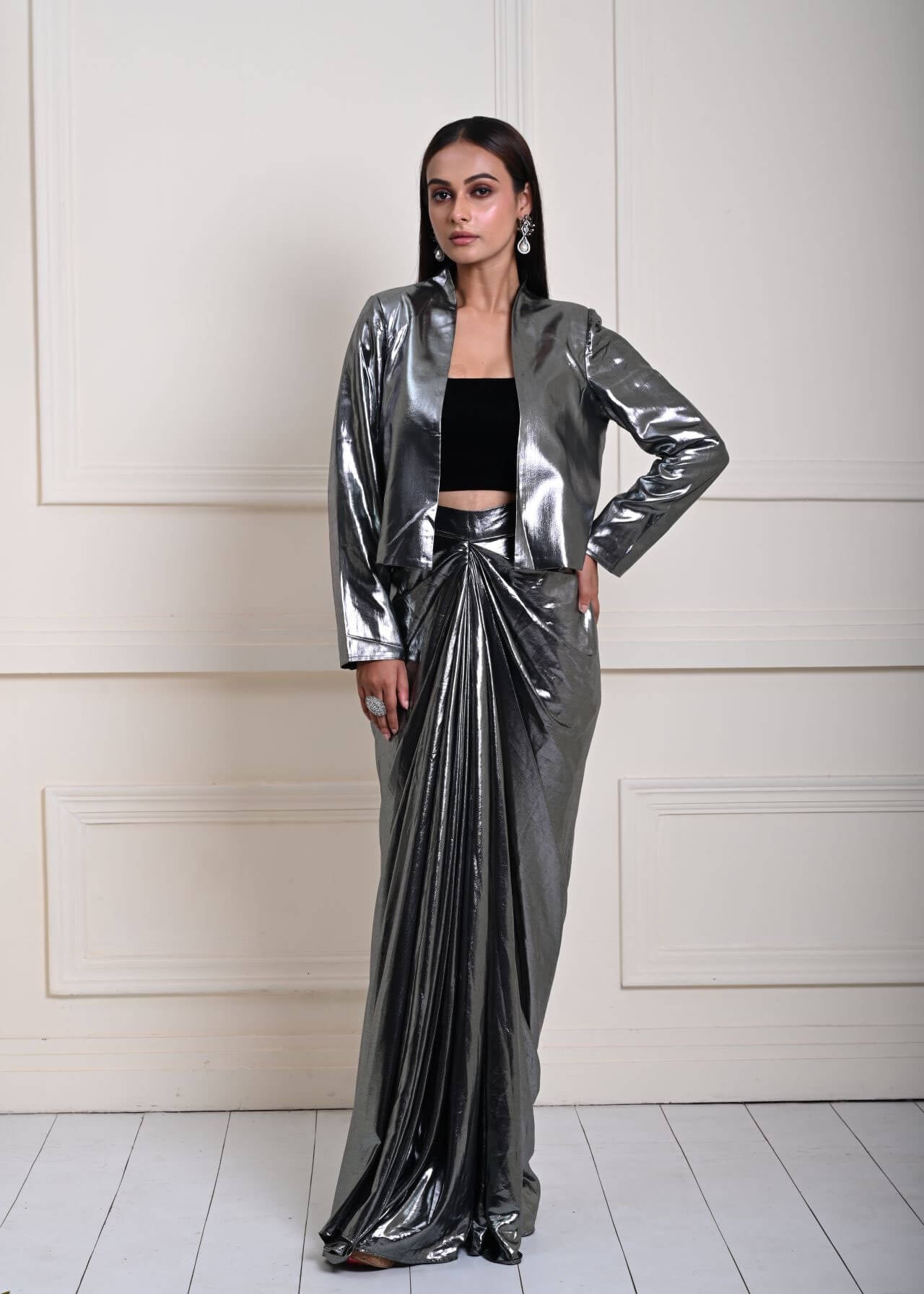 Silver Metallic Drape Skirt Set with Jacket and Velvet Crop Top