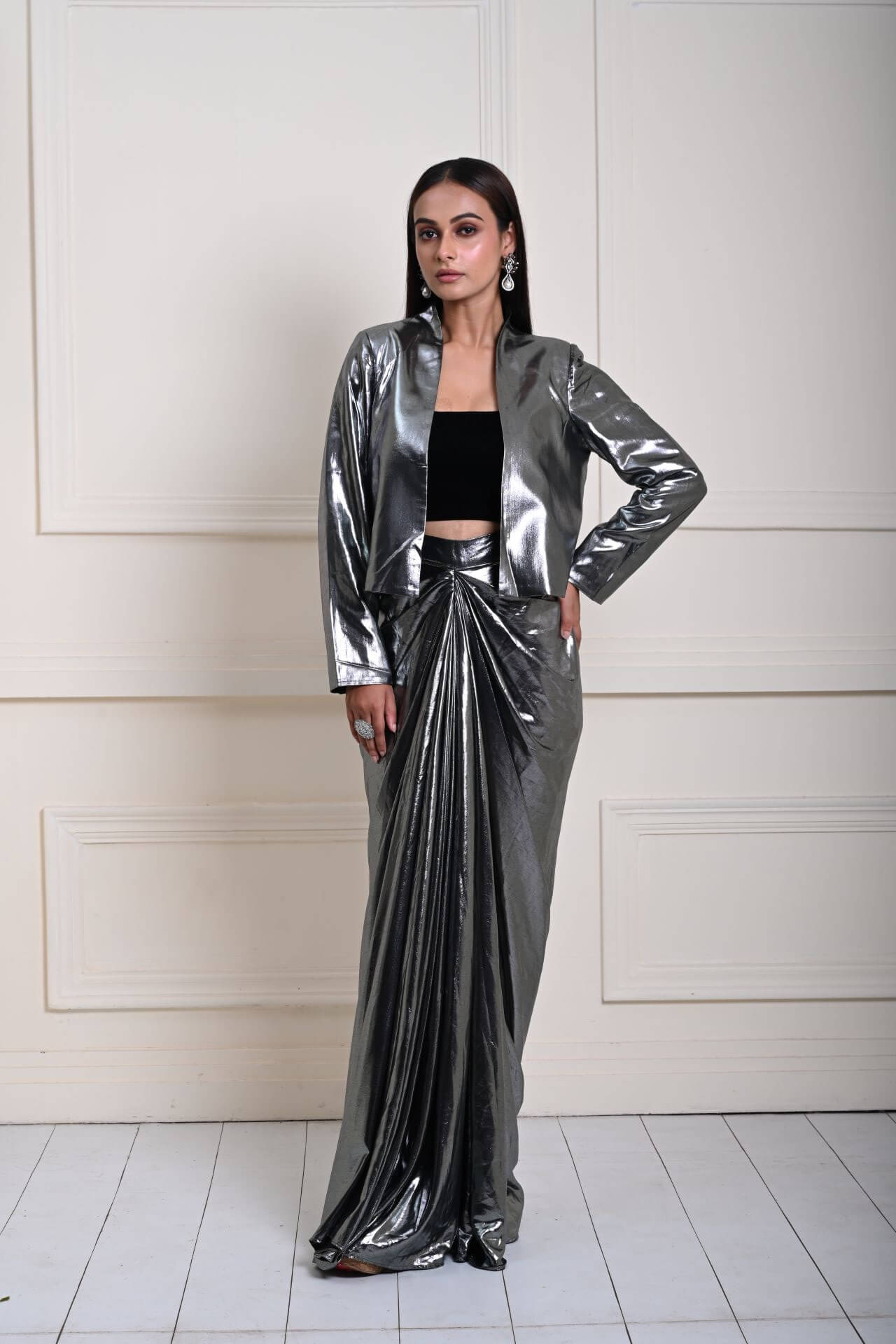 Silver Metallic Drape Skirt Set with Jacket and Velvet Crop Top