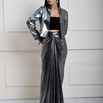 Silver Metallic Drape Skirt Set with Jacket and Velvet Crop Top