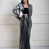 Silver Metallic Drape Skirt Set with Jacket and Velvet Crop Top