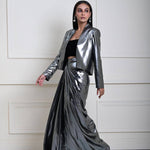 Silver Metallic Drape Skirt Set with Jacket and Velvet Crop Top