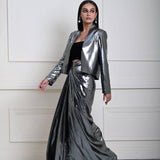 Silver Metallic Drape Skirt Set with Jacket and Velvet Crop Top