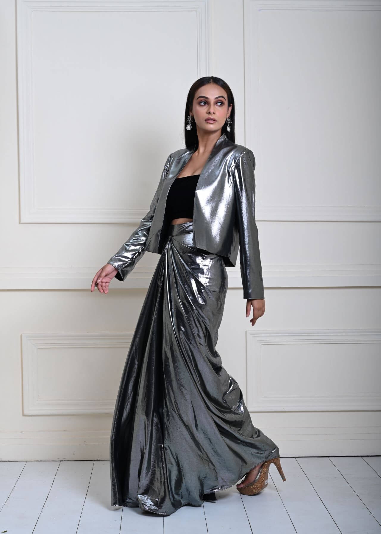 Silver Metallic Drape Skirt Set with Jacket and Velvet Crop Top