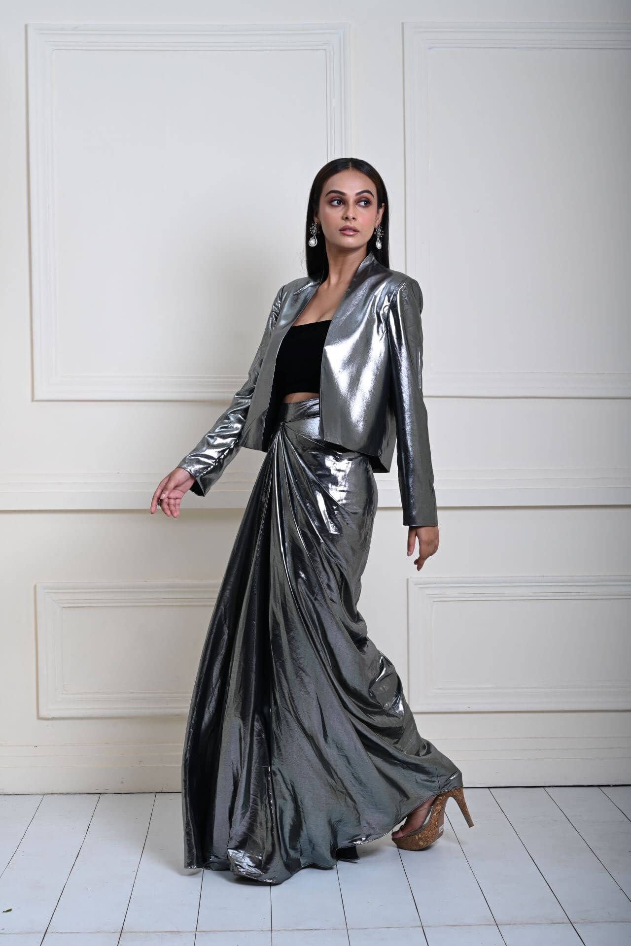 Silver Metallic Drape Skirt Set with Jacket and Velvet Crop Top