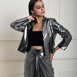 Silver Metallic Drape Skirt Set with Jacket and Velvet Crop Top