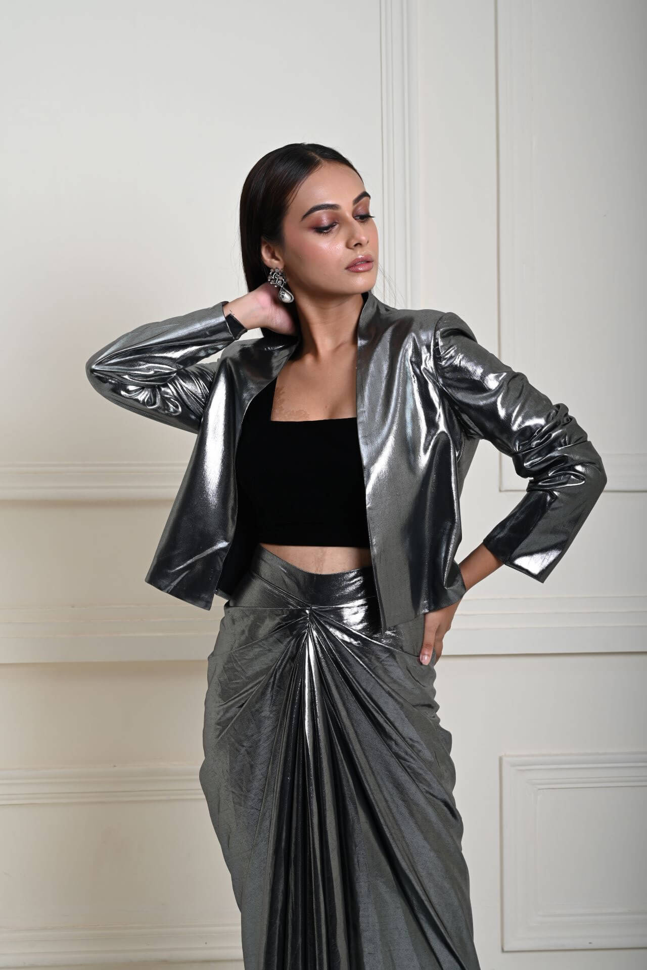 Silver Metallic Drape Skirt Set with Jacket and Velvet Crop Top