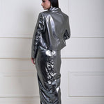 Silver Metallic Drape Skirt Set with Jacket and Velvet Crop Top