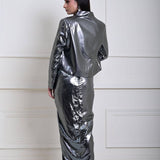 Silver Metallic Drape Skirt Set with Jacket and Velvet Crop Top