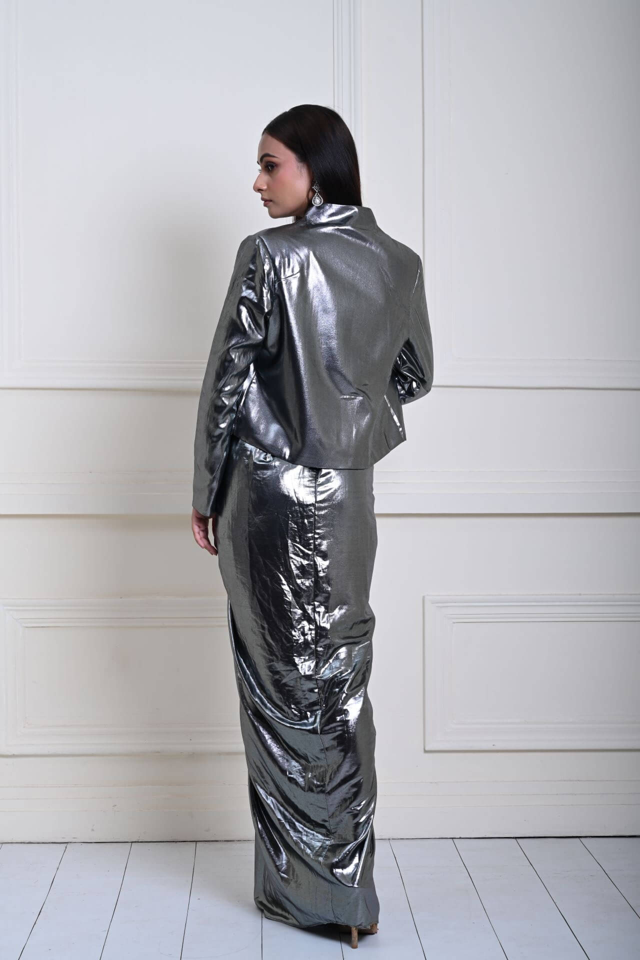 Silver Metallic Drape Skirt Set with Jacket and Velvet Crop Top