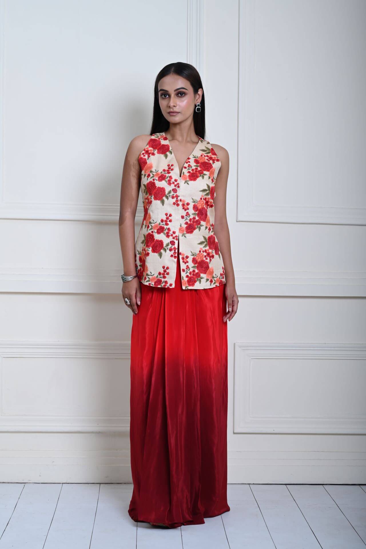 Floral Handmade Thread Work Jacket in Tussar with Red Ombre Draped Skirt 