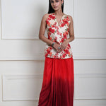 Floral Handmade Thread Work Jacket in Tussar with Red Ombre Draped Skirt 