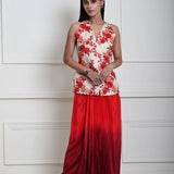 Floral Handmade Thread Work Jacket in Tussar with Red Ombre Draped Skirt 