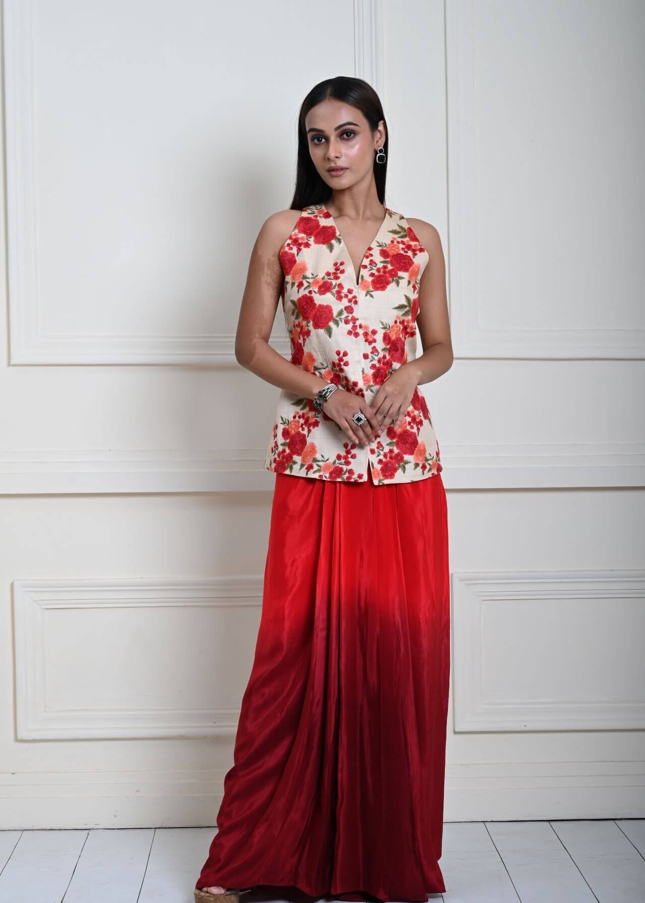 Floral Handmade Thread Work Jacket in Tussar with Red Ombre Draped Skirt 