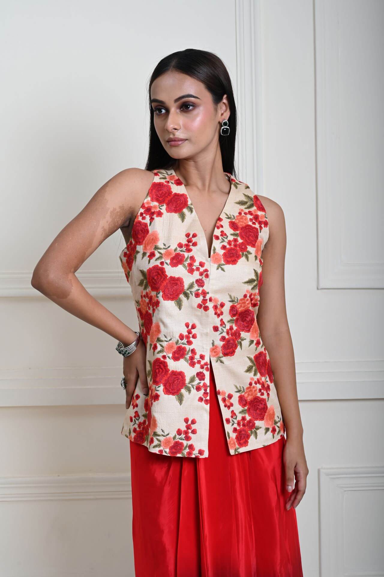 Floral Handmade Thread Work Jacket in Tussar with Red Ombre Draped Skirt 