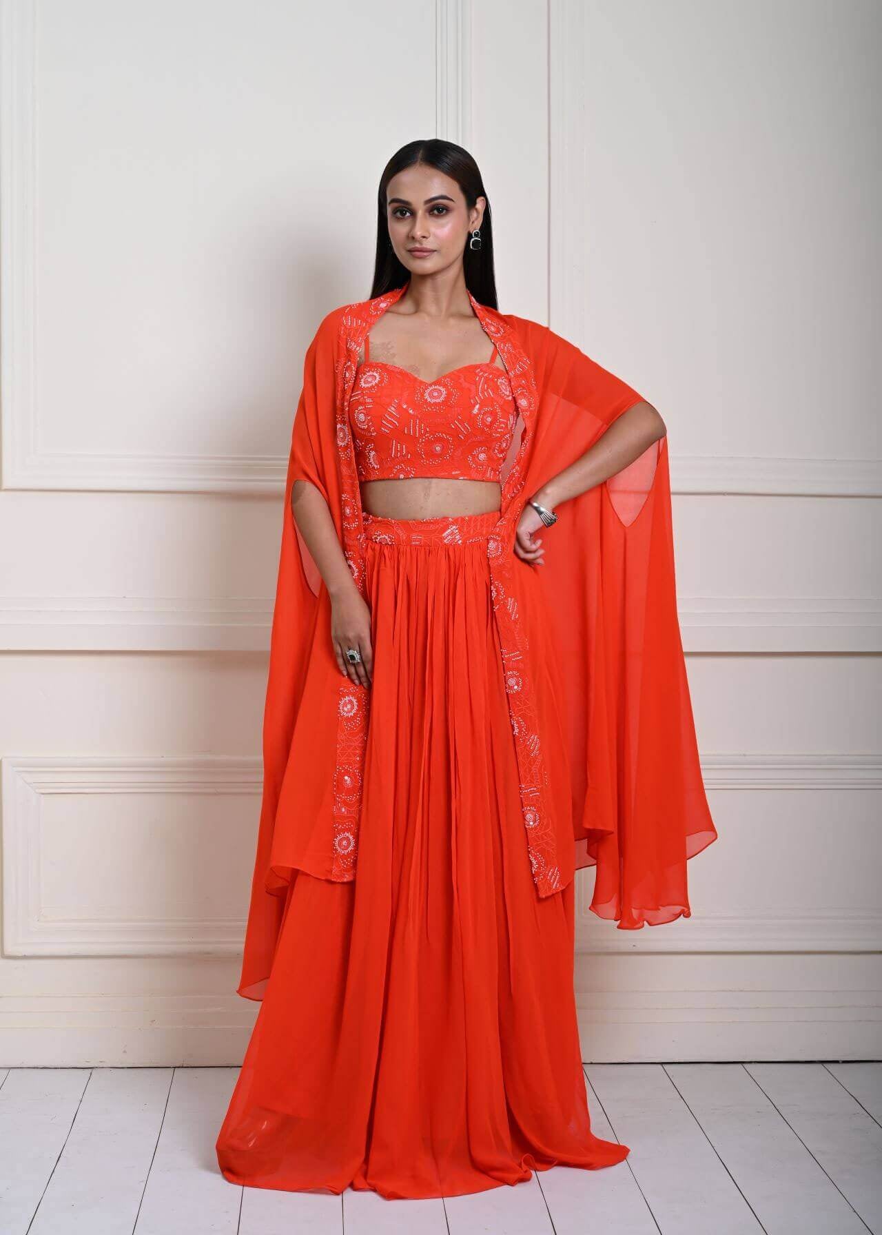 Bright Orange Cape Lehenga Set with Embroidered Cut dana Work - Anvi Couture