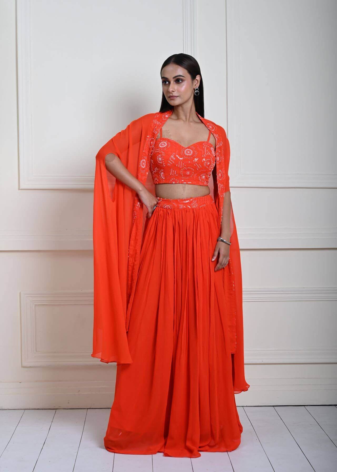 Bright Orange Cape Lehenga Set with Embroidered Cut dana Work - Anvi Couture