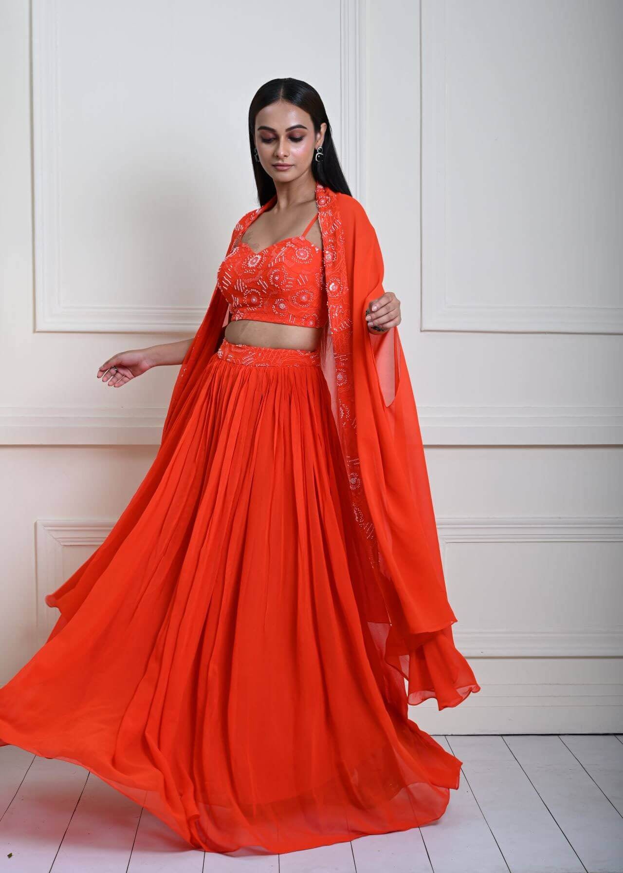 Bright Orange Cape Lehenga Set with Embroidered Cut dana Work - Anvi Couture